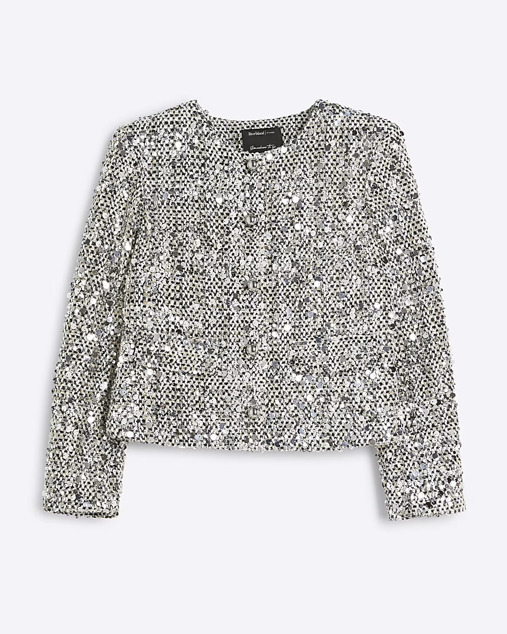 Silver Sequin Collarless Jacket | River Island UK & IE