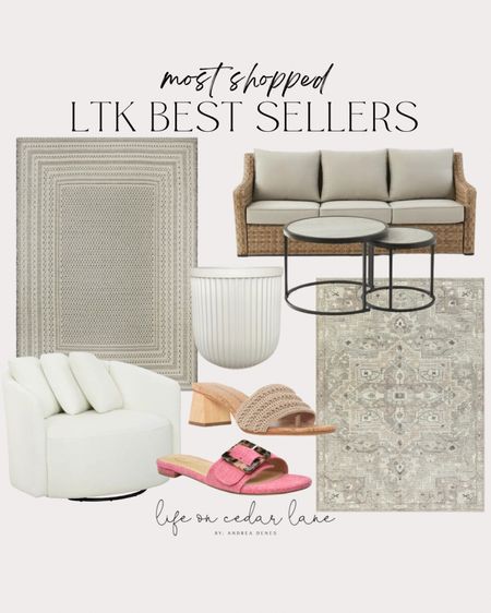Best sellers this week in home decor plus some sandals you guys are loving ! Neutral rug, white swivel chair, outdoor patio seating, planter, trendy sandals 

#LTKstyletip #LTKSeasonal #LTKhome