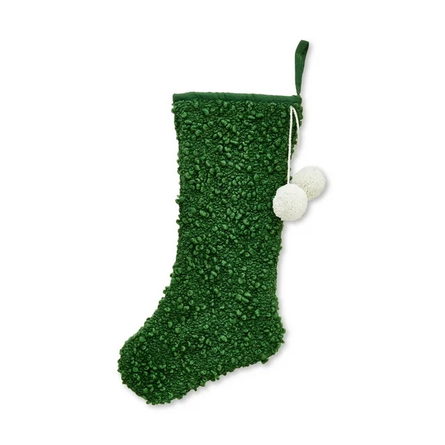 Green Boucle Christmas Stocking with Pom Poms, 20", by Holiday Time | Walmart (US)