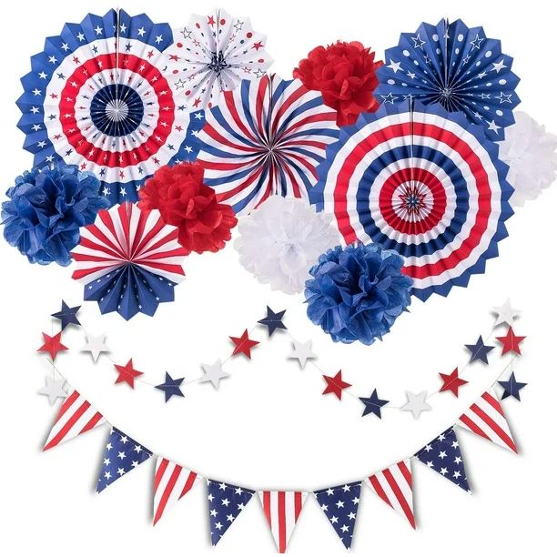 14Pcs Patriotic Party Decorations Set, 4th of July American Flag Party Supplies Hanging Paper Fan... | Walmart (US)