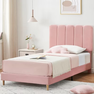 pink-Twin size Velvet Upholstered Twin Bed Frame with Headboard, Wooden Slats Support, No Box Spring Needed, Easy Assembly | Target