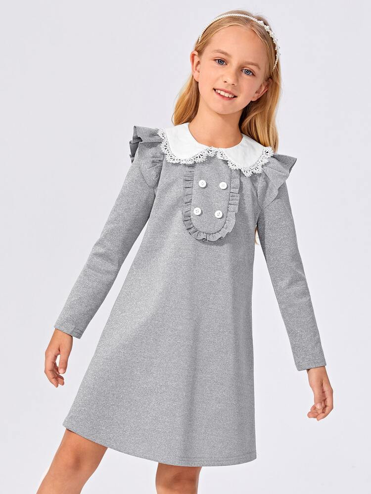 SHEIN Girls Contrast Guipure Lace Trim Peter-pan-collar Ruffle Dress | SHEIN