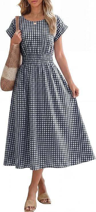 ANRABESS Womens Summer Midi Dress Striped Casual Short Sleeve Crewneck Empire Waist 2026 Flowy Lo... | Amazon (US)