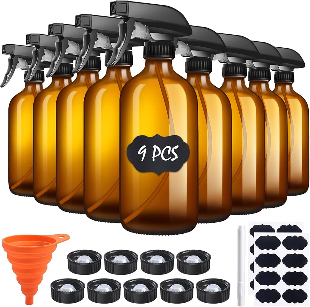 9 Pack Glass Spray Bottle 16oz, Empty Amber Spray Bottle Refillable Container for Essential Oils,... | Amazon (US)