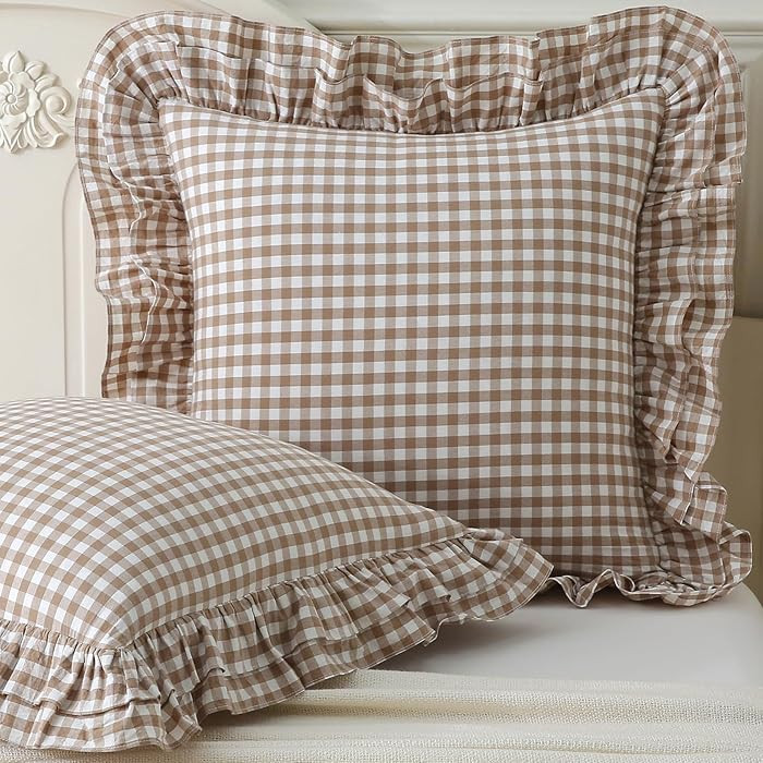 Aryeleay 2 Pack Taupe White Plaid Ruffle Throw Pillow Covers, 100% Cotton Gingham Checkered Farmh... | Amazon (US)