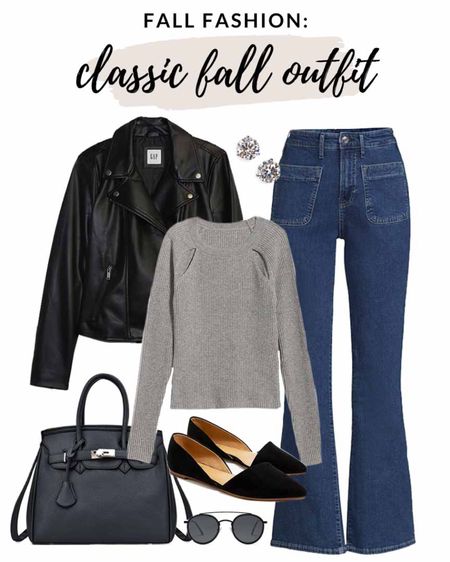 Classic fall outfit idea! I love lots of neutrals for fall - this mix of blacks, grays and denim is such a chic and versatile combo! 

#fallfashion #falloutfit #chicfalloutfit

Gray fall sweater. Faux leather moto jacket. Wide leg denim. Affordable jeans for fall. Black designer inspired tote bag. Black pointed toe flats  

#LTKSeasonal #LTKfindsunder100 #LTKstyletip
