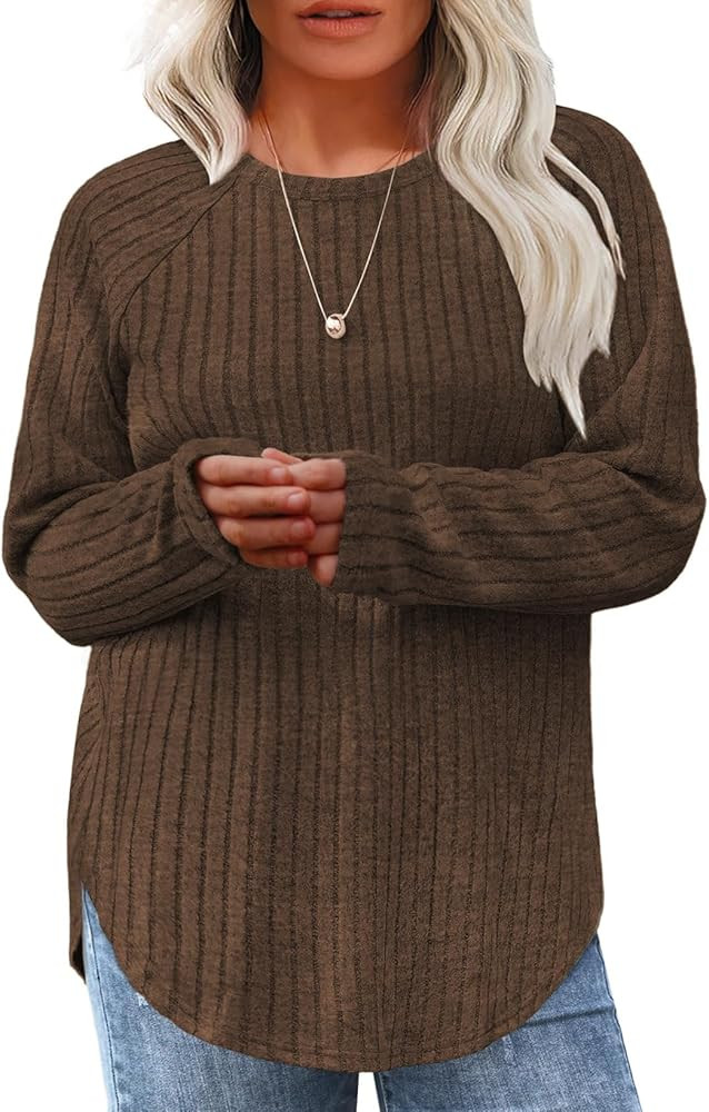 Eytino Plus Size Tops for Women Fall Soft Solid Crewneck Long Sleeve Knitted Pullover Blouses Shi... | Amazon (US)