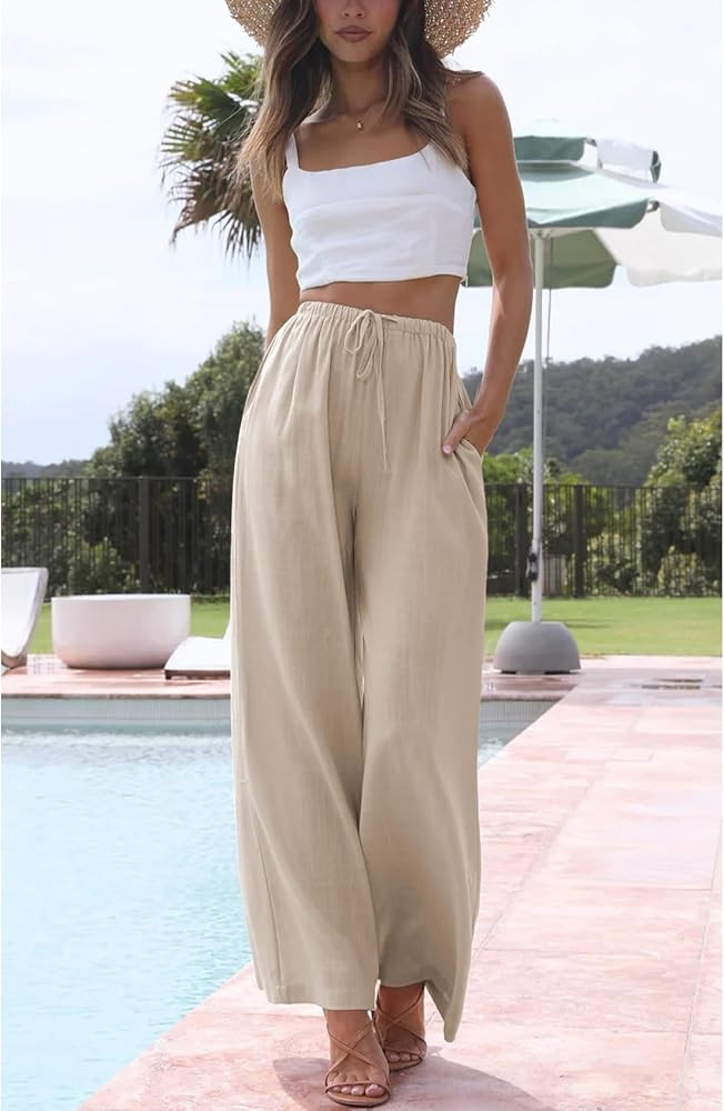 Duyang Womens Cotton Linen Palazzo Pants Drawstring Elastic Waist Casual Wide Leg Trousers with P... | Amazon (US)