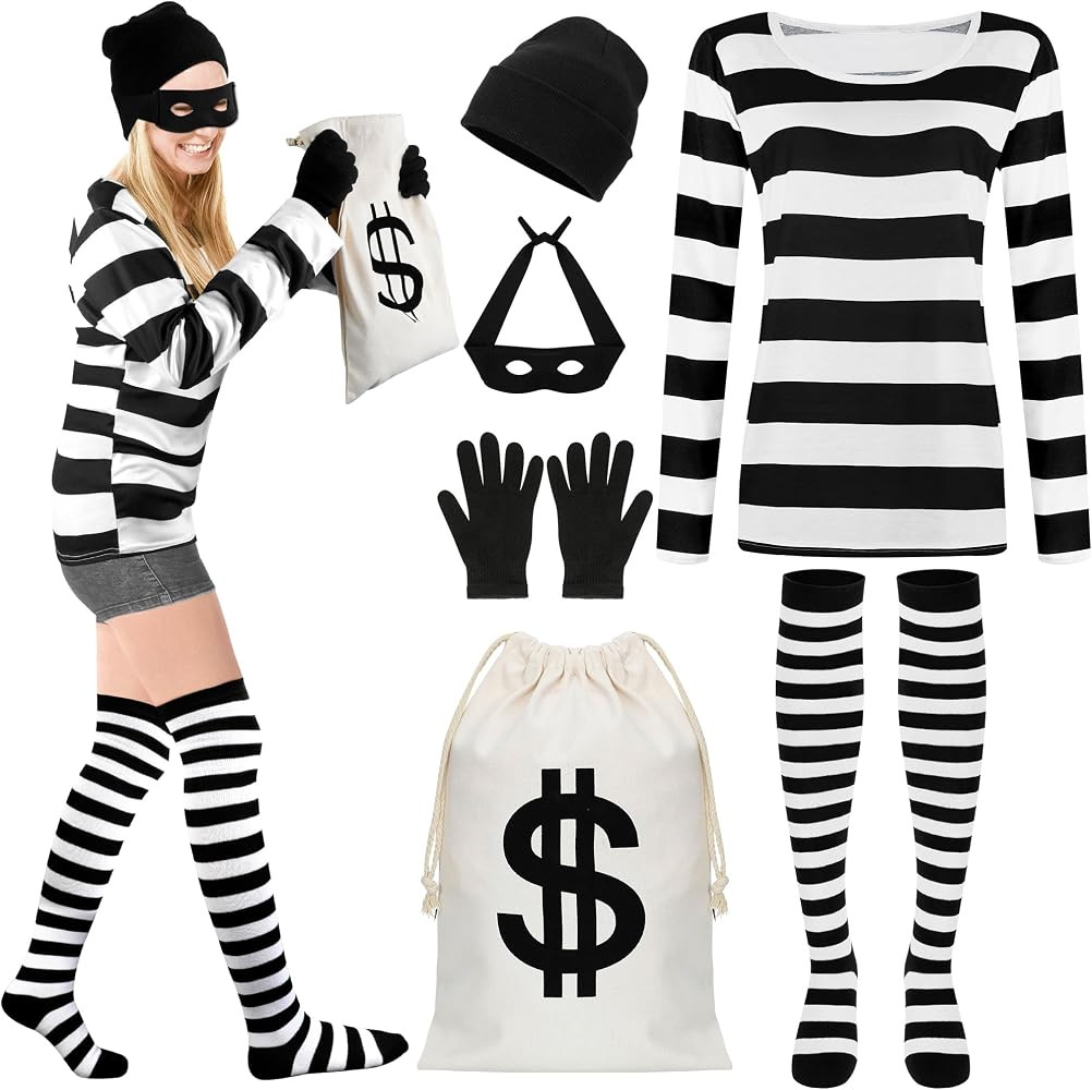QZYL Halloween Women Robber Costume Set, Women Thief Cosplay Striped Shirt Mask Gloves Beanie Cap... | Amazon (US)