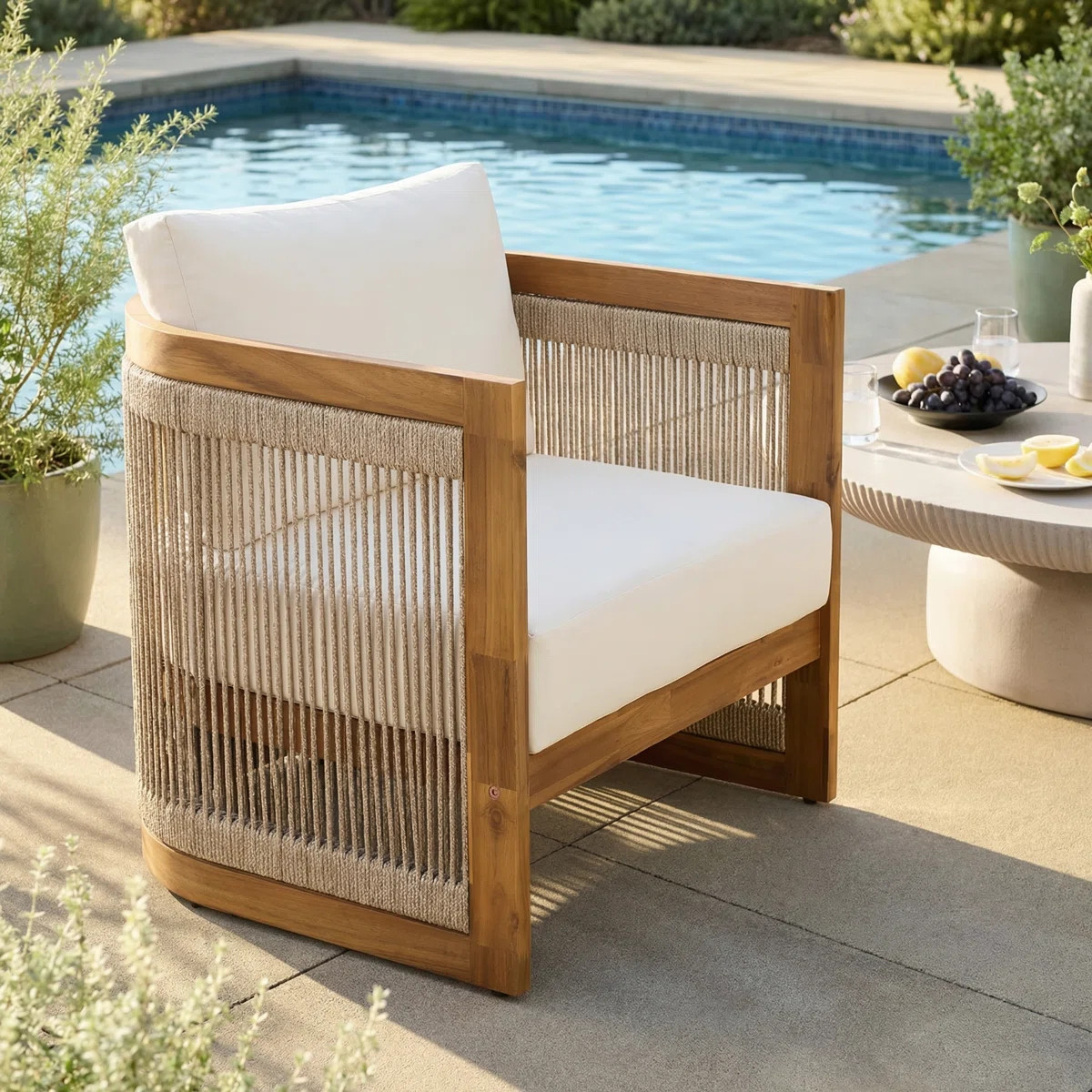 Yahir Patio Acacia Wood & Woven Rope Lounge Chair With Cushions | Wayfair North America