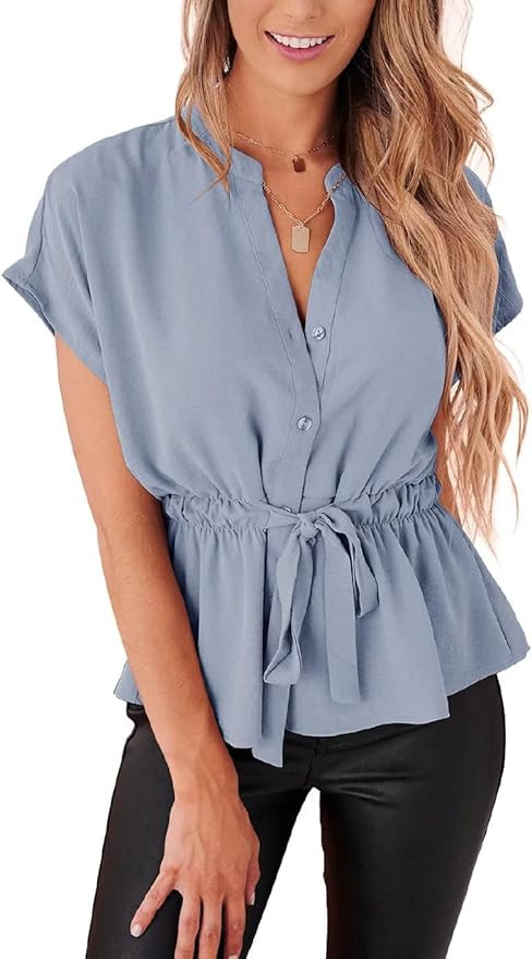 Womens Button Down Blouses Casual Peplum Summer Tops Dressy Chiffon Work Blouse | Amazon (US)