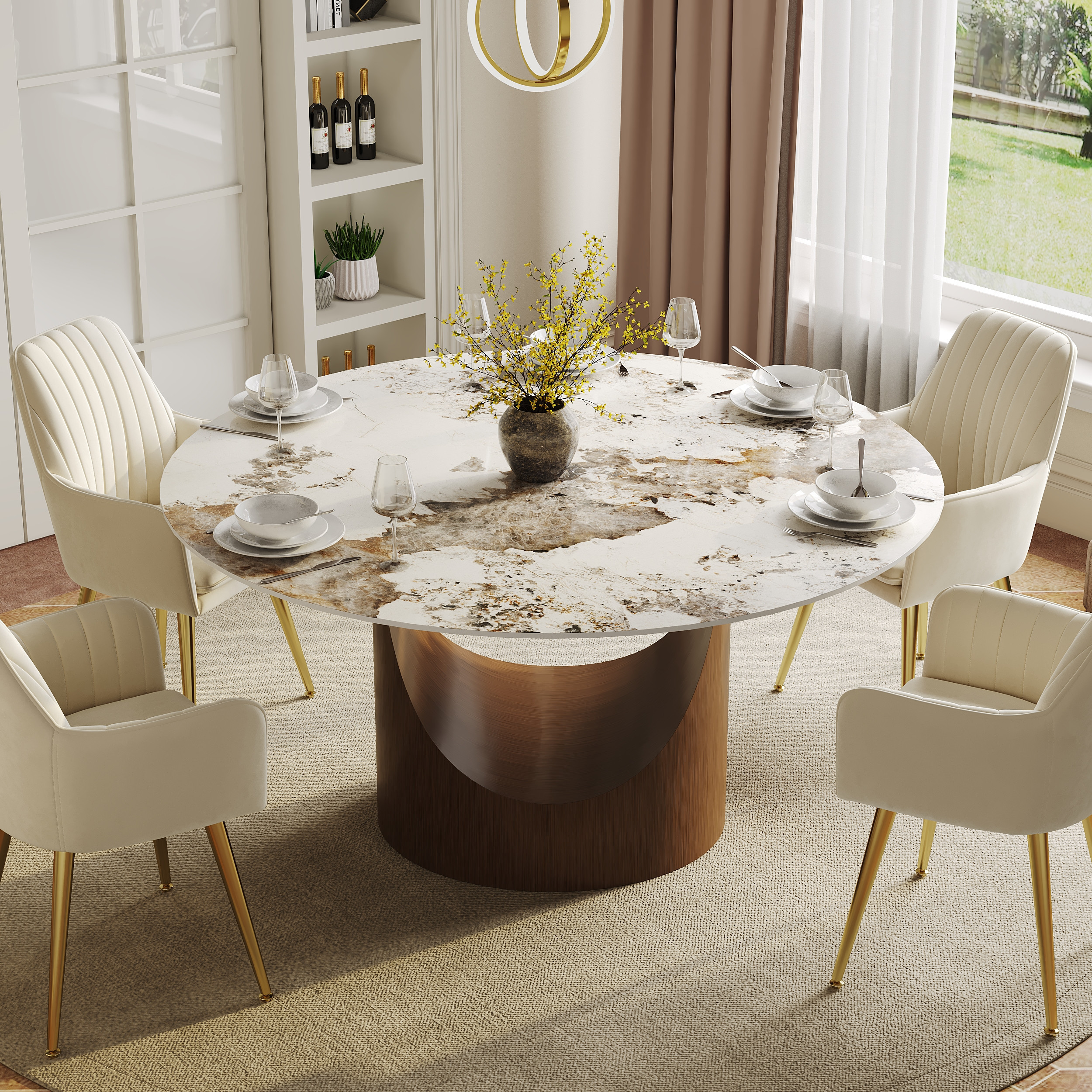 53"" Pandora Glossy Faux Marble Dining Table Round with Stainless Base for 6 People | Homary