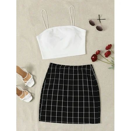 Casual Black and White Women s Plus Size Crop Cami Top Plaid Skirt Set L220301D 3XL(18) | Walmart (US)