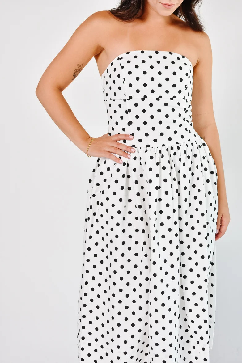 Roman Holiday Strapless White Polka Dot Midi Dress | Confête