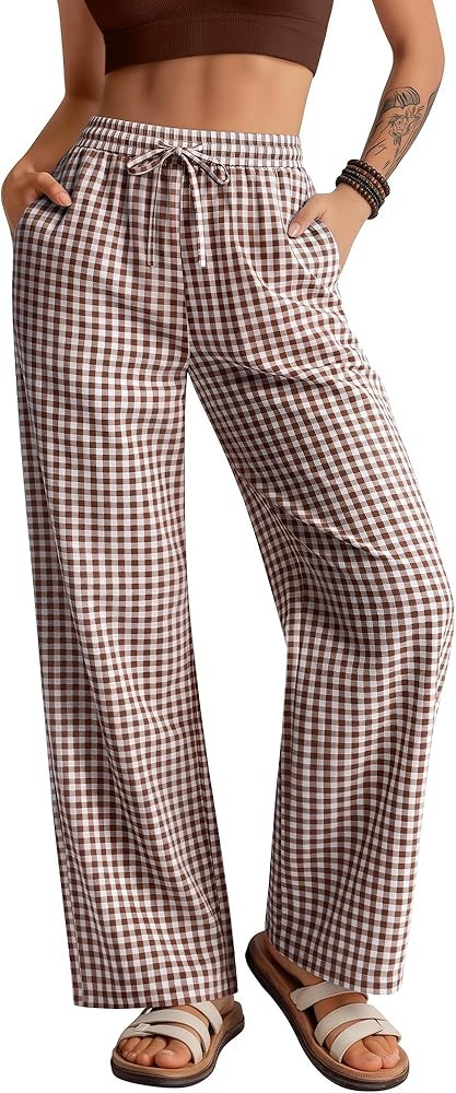 Neer Women's Striped Gingham Pants Cotton Plaid Pajama Lounge Boxer Pants Drawstring Pj Bottoms W... | Amazon (US)