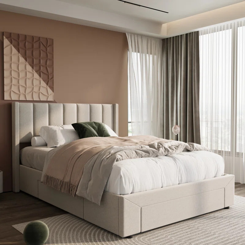 Latitude Storage Upholstered Wingback Bed-1 Large Drawer in the Footboard 2 on the side | Wayfair North America