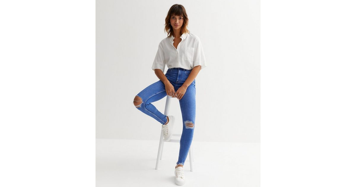 Bright Blue Ripped High Waist Hallie Super Skinny Jeans
						
						Add to Saved Items
						Rem... | New Look (UK)