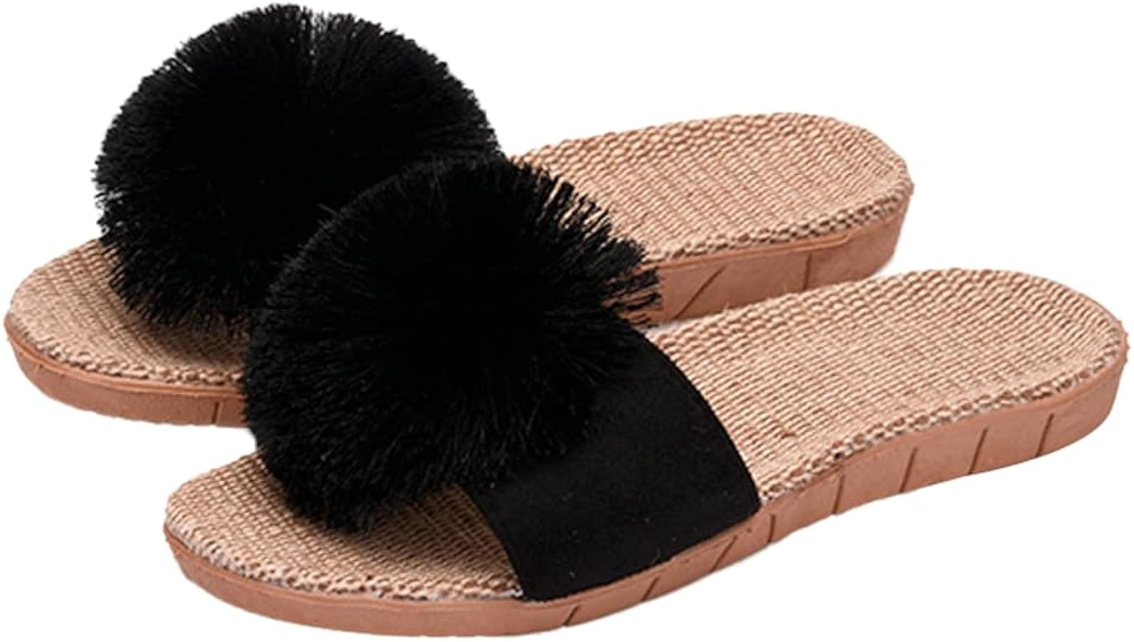 Women's Linen Non-slip Slides Slippers Fluffy Pompom Cozy Sandals Open Toe Indoor Outdoor Flat Sl... | Amazon (US)