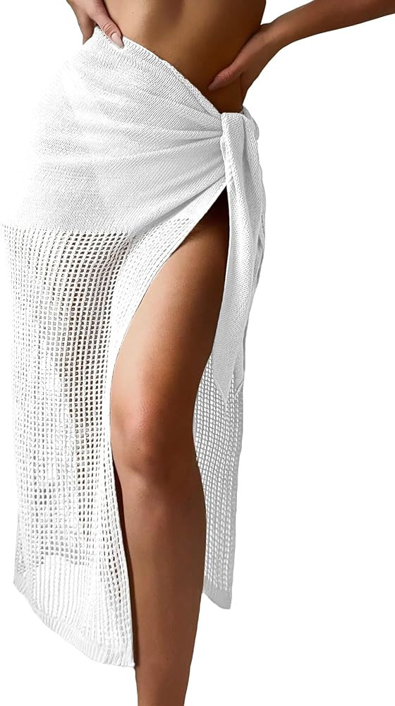 Verdusa Women's Tie Side Hollow Out Beach Swimsuit Crochet Sarong Wrap Cover Up Skirt | Amazon (US)