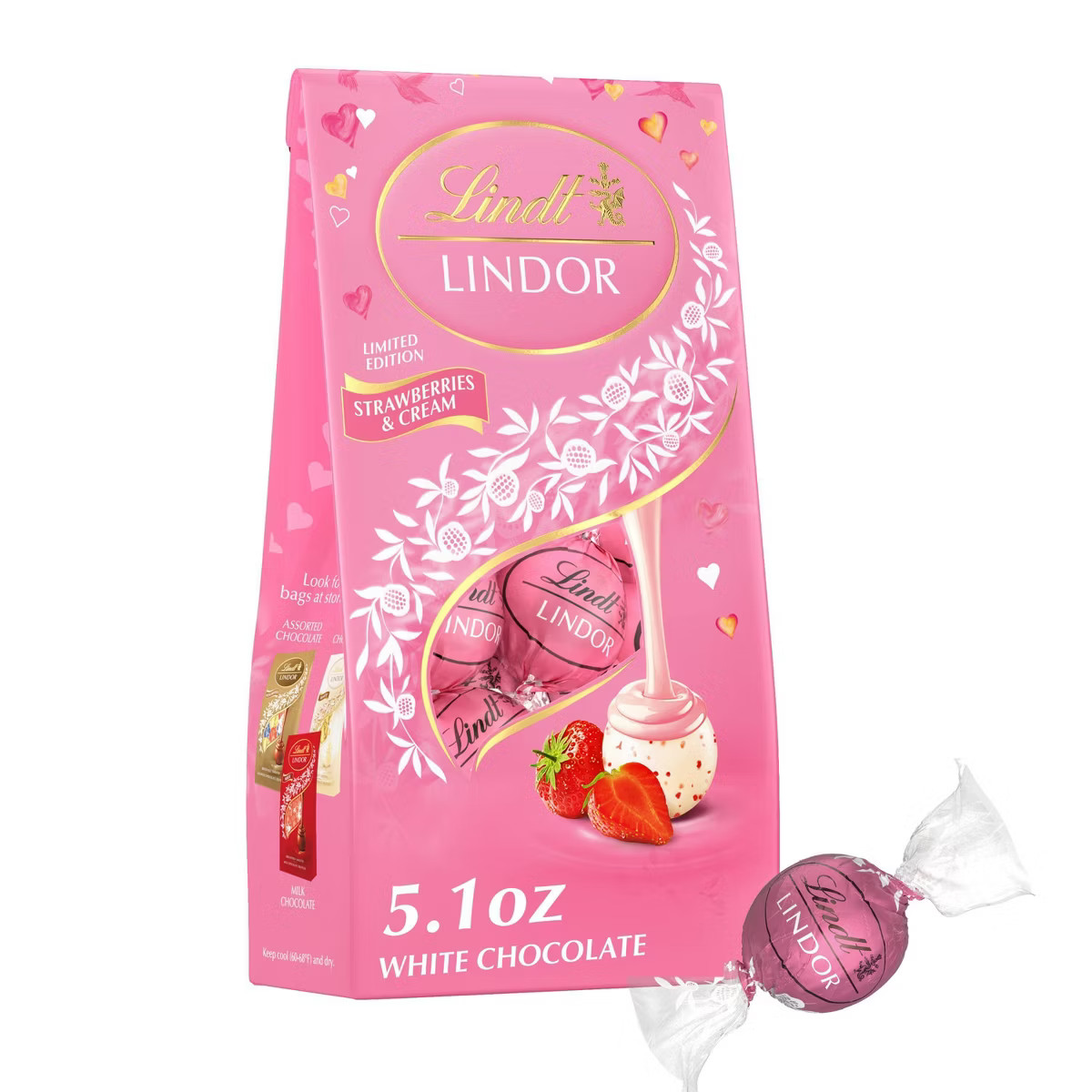 LINDOR, Lindt Valentine's Strawberries and Cream Chocolate Candy Bag - 5.1oz | Target