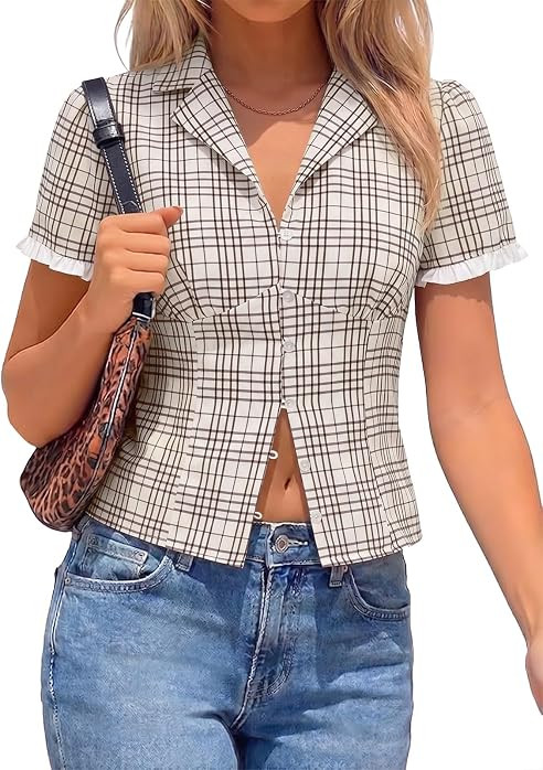 Tankaneo Womens Puff Sleeve Plaid Shirts Gingham Tops Y2k Summer Button Down Blouse Trendy Cute F... | Amazon (US)