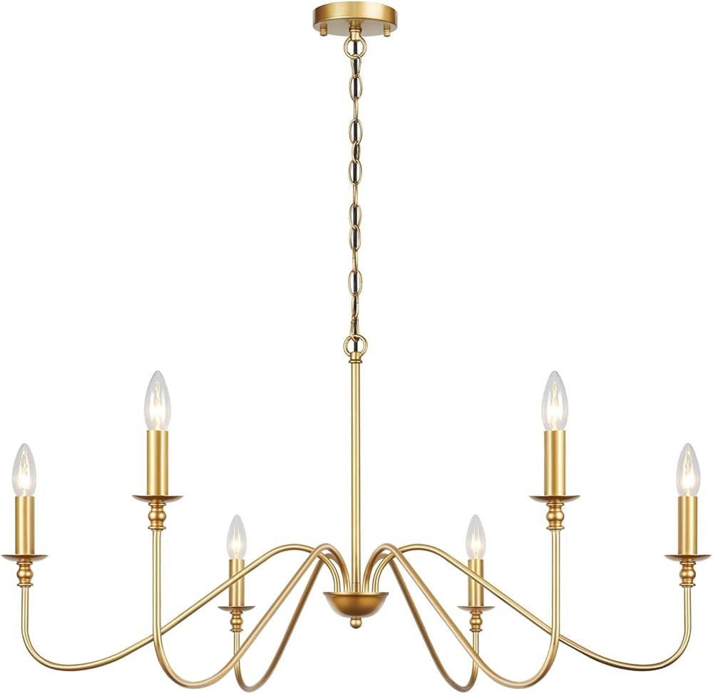 FinExpect Gold Chandelier 6-Light Modern Brass Farmhouse Chandelier Wrought Iron Classic Candle C... | Amazon (US)