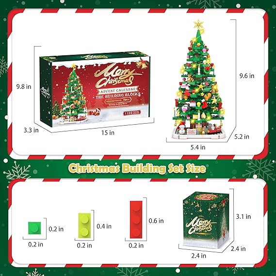 Advent Calendar 2024 Christmas Tree Building Toy Set with LED light, 1102 Pieces Christmas Countd... | Amazon (US)