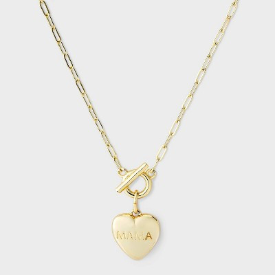 14k Gold Dipped "Mama" Toggle Puffed Heart Pendant Necklace with Paperclip Chain - A New Day™ Gold | Target