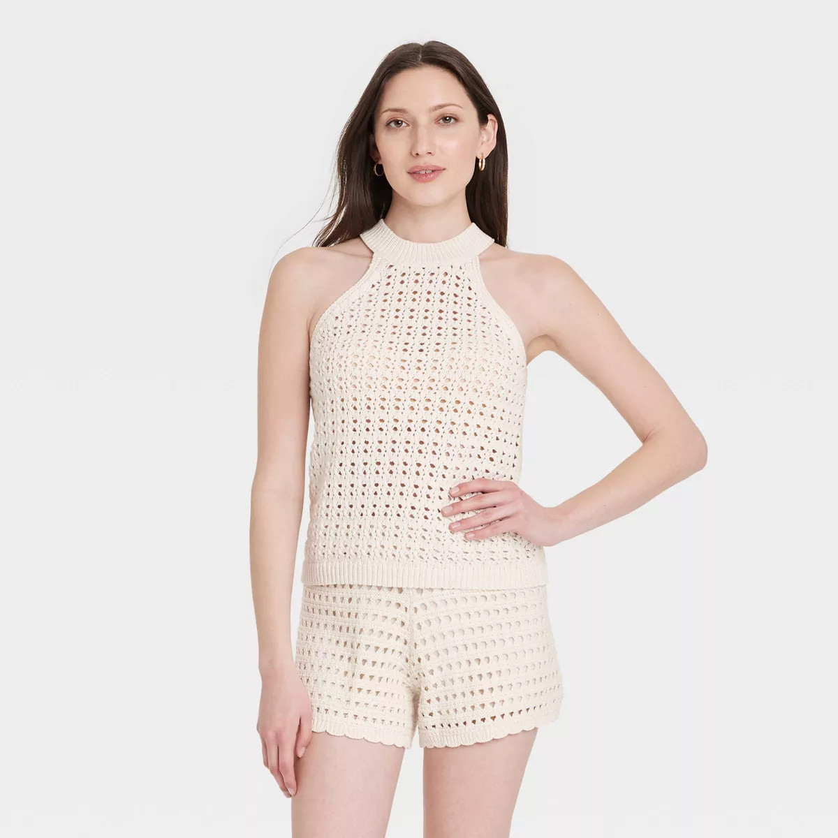 Women's Openwork Halter Crewneck Sweater Tank - Universal Thread™ Cream XS | Target