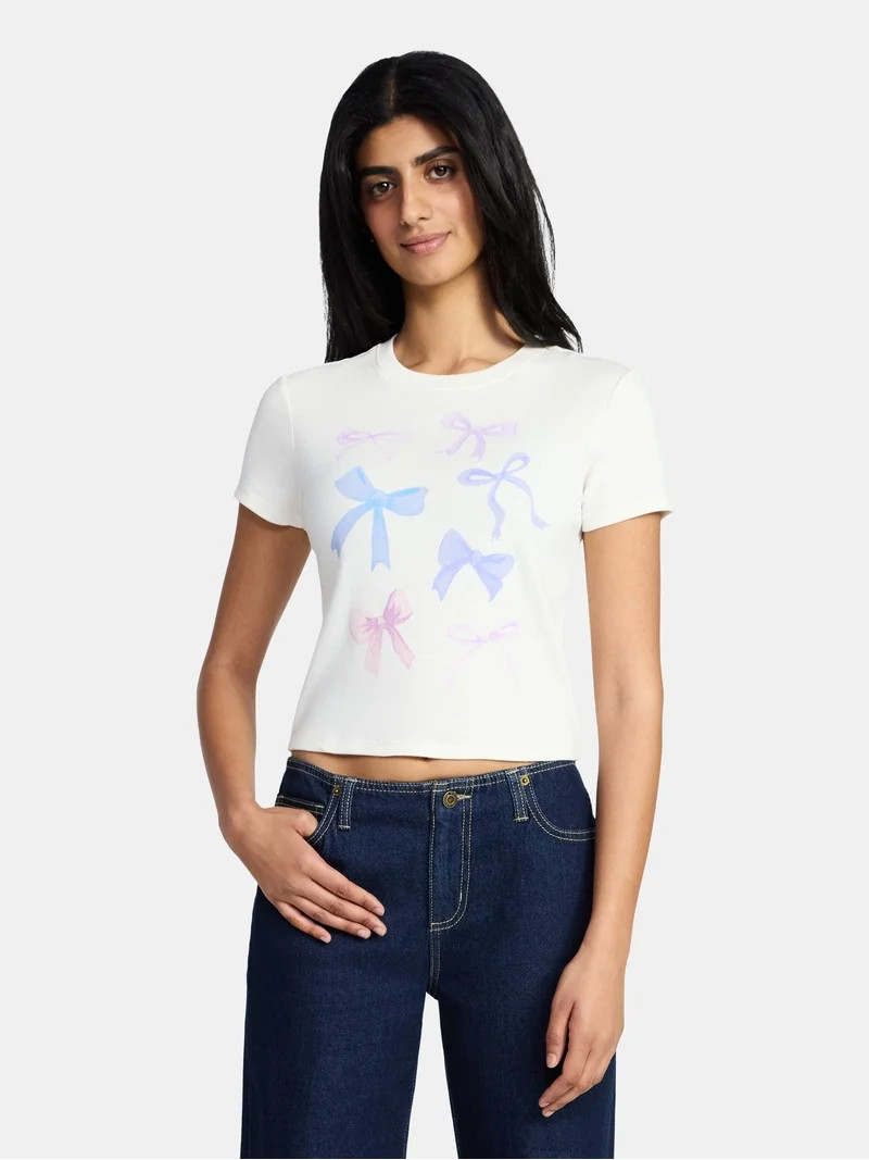Bow Grid Watercolor Women's Graphic Baby Tee with Short Sleeves, Sizes XXS-XXL | Walmart (US)