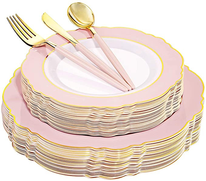 WDF 30Guest Pink Plastic Plates & Gold Plastic Silverware With Pink Handle-Baroque Pink &Gold Pla... | Amazon (US)