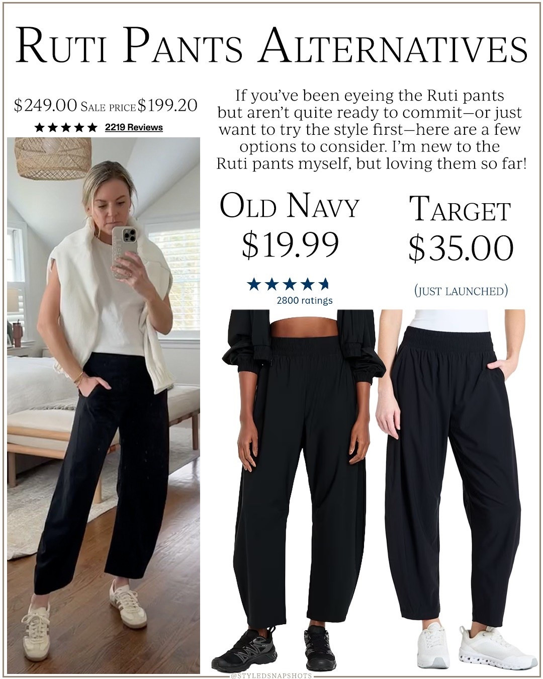 New to the Ruti pants, but so far I’m loving them! If you’ve been looking for alternatives, I found 2 similar styles for under $40. I wear a 2 in the Ruti style 

look for less 