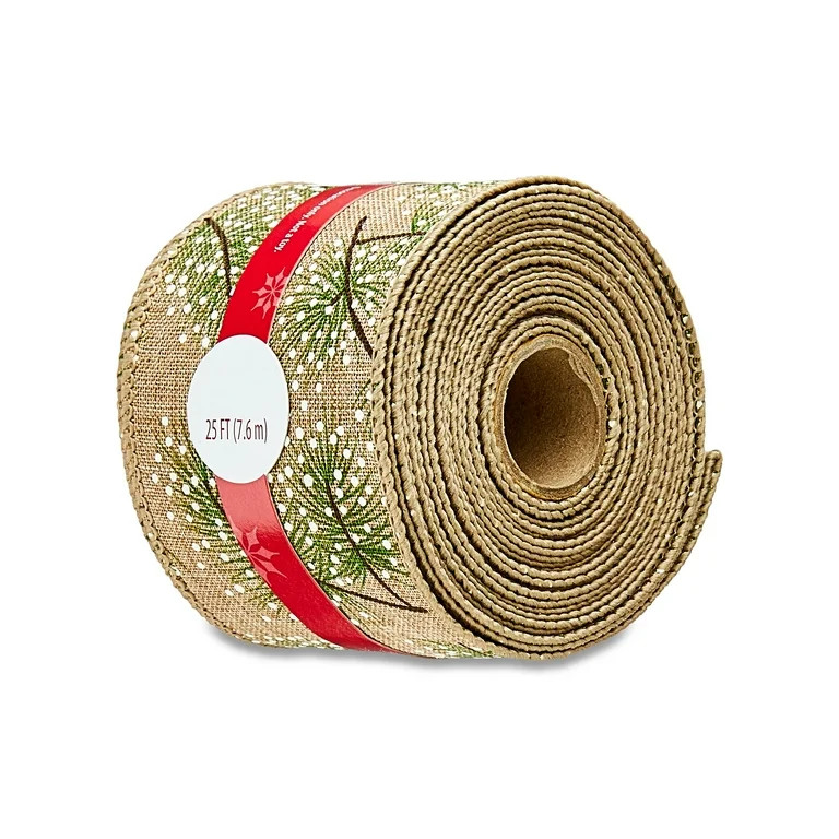 Ivory & Green Pines Polyester Christmas Ribbon, 25 ft, by Holiday Time | Walmart (US)