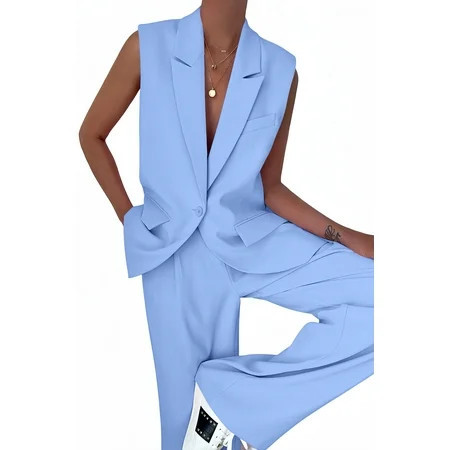 PRETTYGARDEN Women's 2 Piece Outfits Sleeveless Suit Vest and Wide Leg Pants Business Casual Blazer Sets | Walmart (US)
