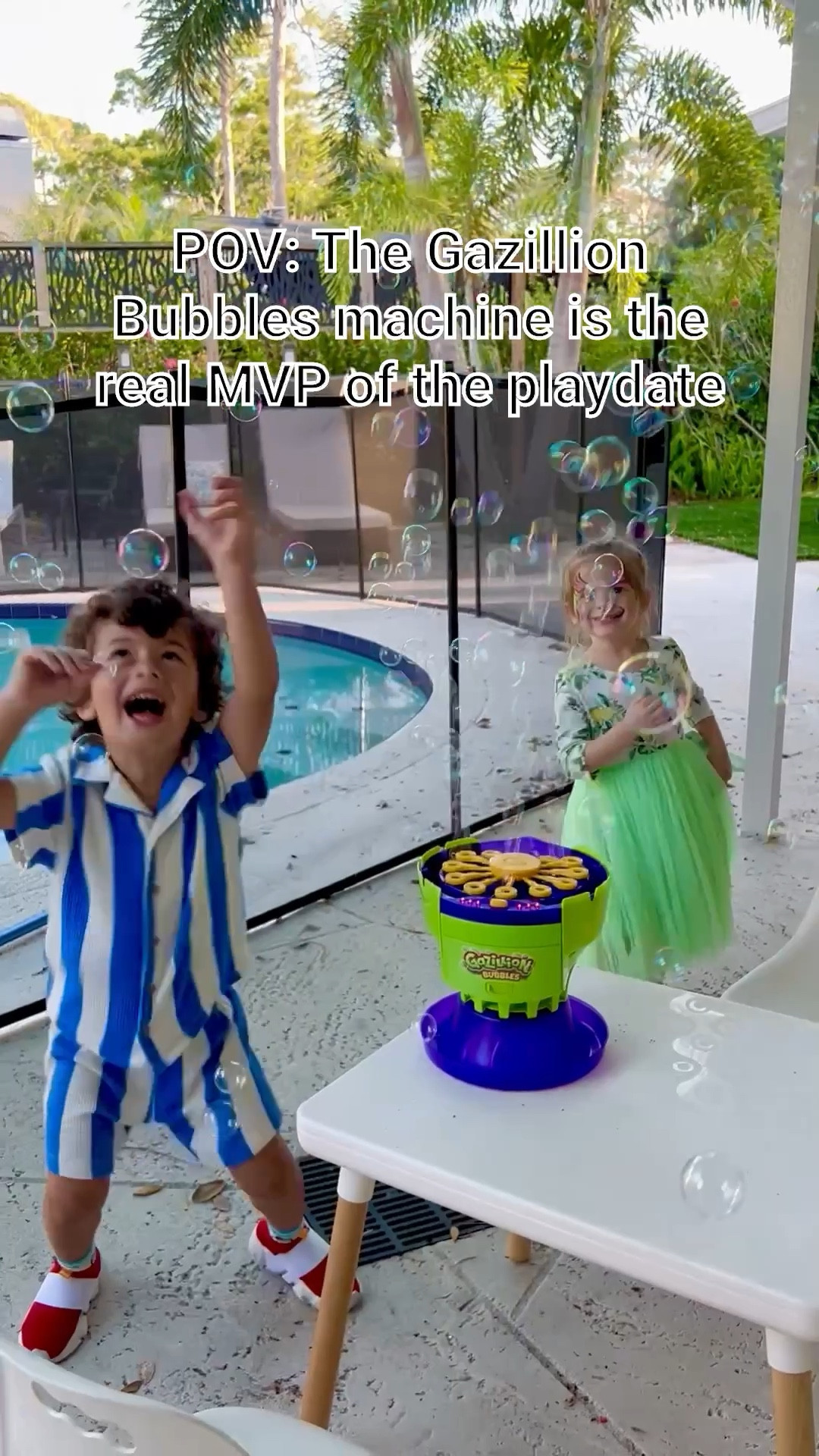 The Gazillion Bubbles machine really understood the assignment—nonstop bubbles and nonstop giggles. My girl and one of her besties living their best life in our friends’ beautiful backyard. Pure joy!