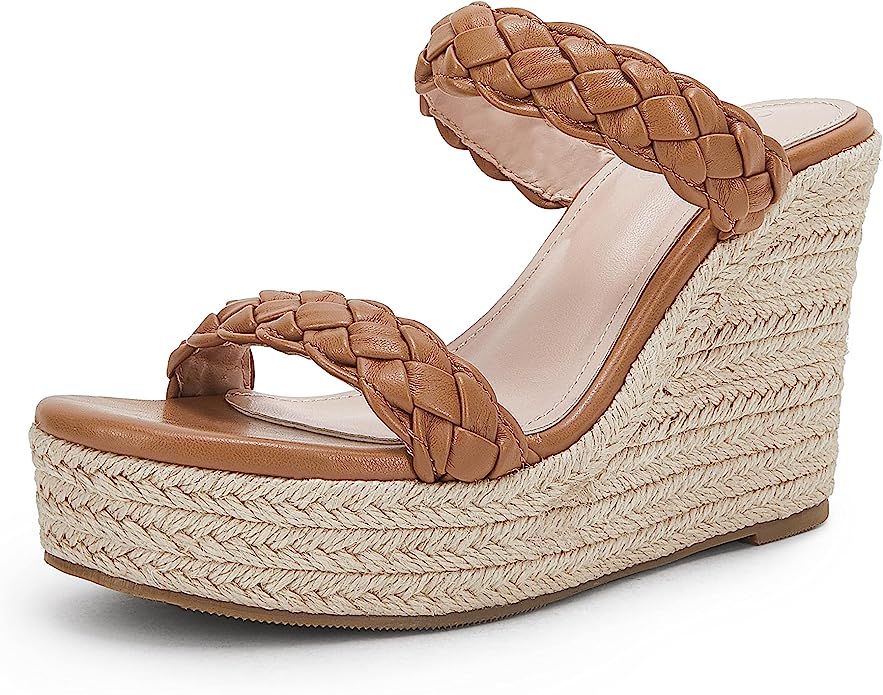 Womens Wedge Platform Sandals Espadrilles Two Strap Woven Slip On Summer Cute Slide Sandals | Amazon (US)