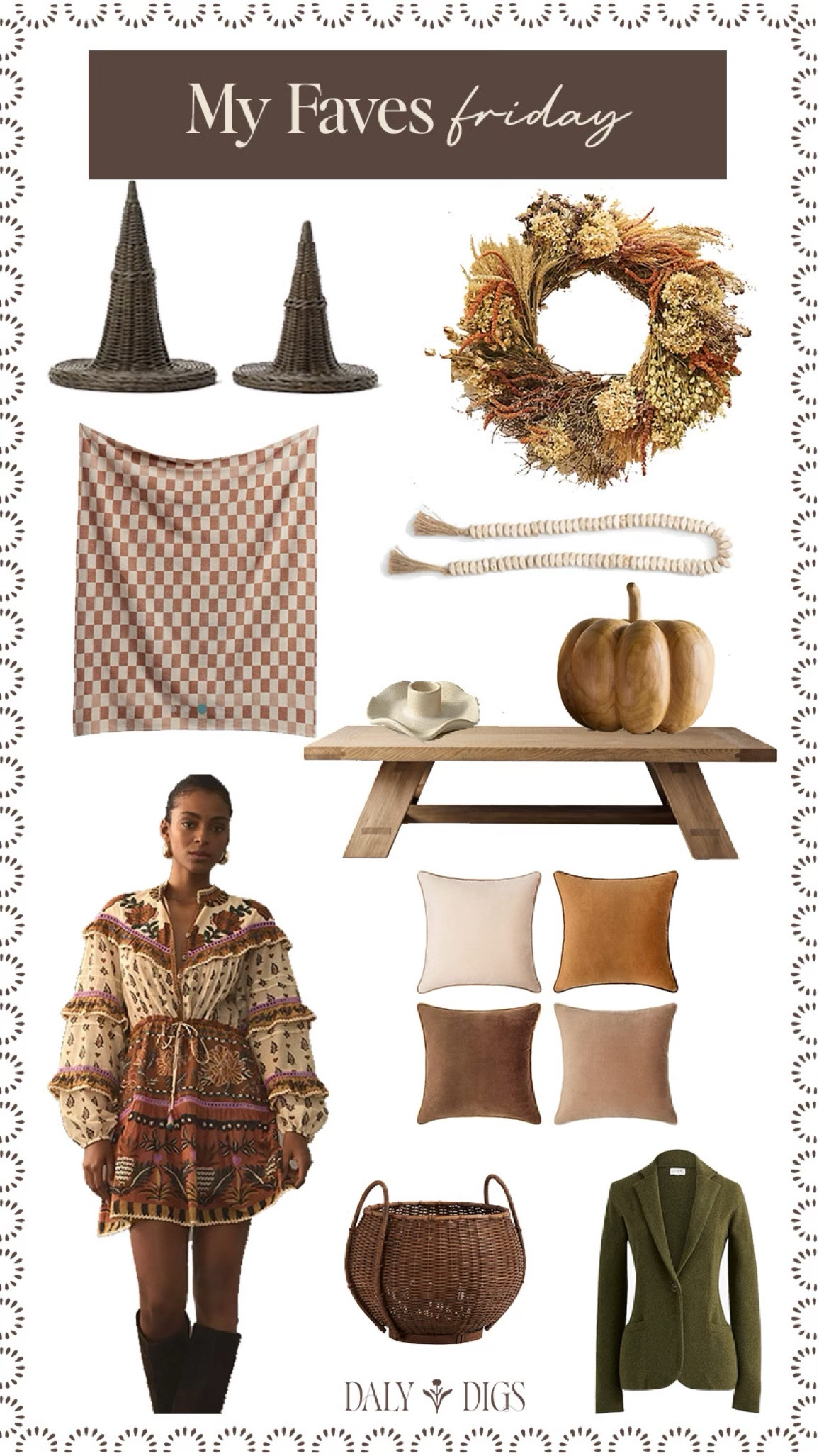 My faves Friday include the cutest witch hat decor, a dried fall wreath, budget-friendly #amazonfind velvet pillows, a terracotta check throw, coffee table decor, a green blazer and a gorgeous ruffle dress perfect for fall. What’s your fave? 

#LTKSeasonal