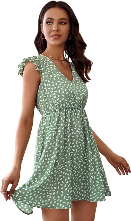 MakeMeChic Women's Allover Print Ruffle Cap Sleeve V Neck A Line Summer Mini Dress | Amazon (US)