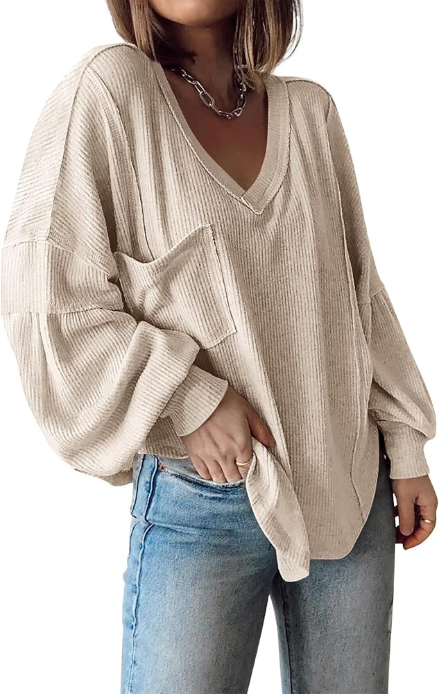 BTFBM Women's Casual V Neck Ribbed Knit Shirts 2024 Fall Pullover Tunic Tops Loose Balloon Long S... | Amazon (US)