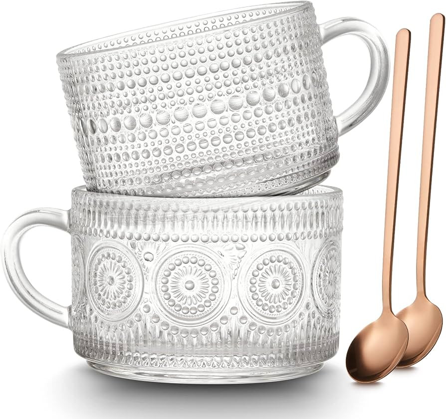 Mfacoy Vintage Coffee Mugs Set of 2, 14 oz Embossed Glass Cups with Handle, Clear Cups for Cappuc... | Amazon (US)