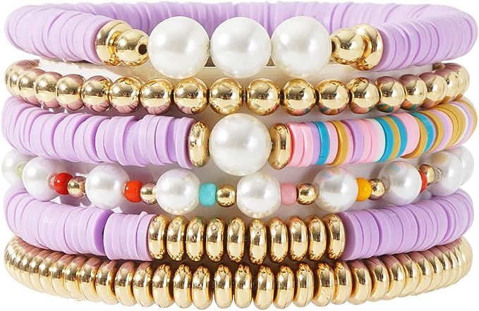 Pychee Colorful Heishi Clay Bead Bracelet Set for Women Stackable Gold Polymer Beaded Stretch Bra... | Amazon (US)