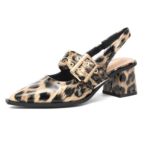 NEWBELLA Women's Slingback Heels Pointed Toe Low Chunky Heel Mary Jane Shoes Closed Toe Dressy Strappy Buckle for Wedding Work Leopard | Amazon (US)