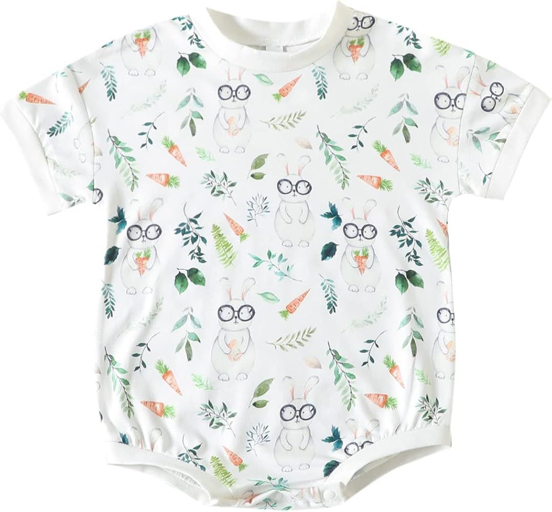 Newborn Baby Girl Easter Outfit Infant Short Sleeve Oversized Shirt Romper Top Bunny Onesie Bodysuit | Amazon (US)