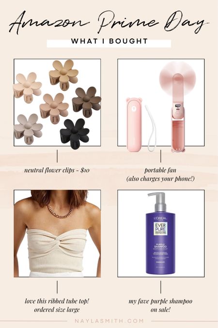 Amazon Prime Day - what I bought 

Neutral flower claw clips, portable fan & phone charger, ribbed tube top, purple shampoo 


#LTKunder50 #LTKbeauty #LTKxPrimeDay