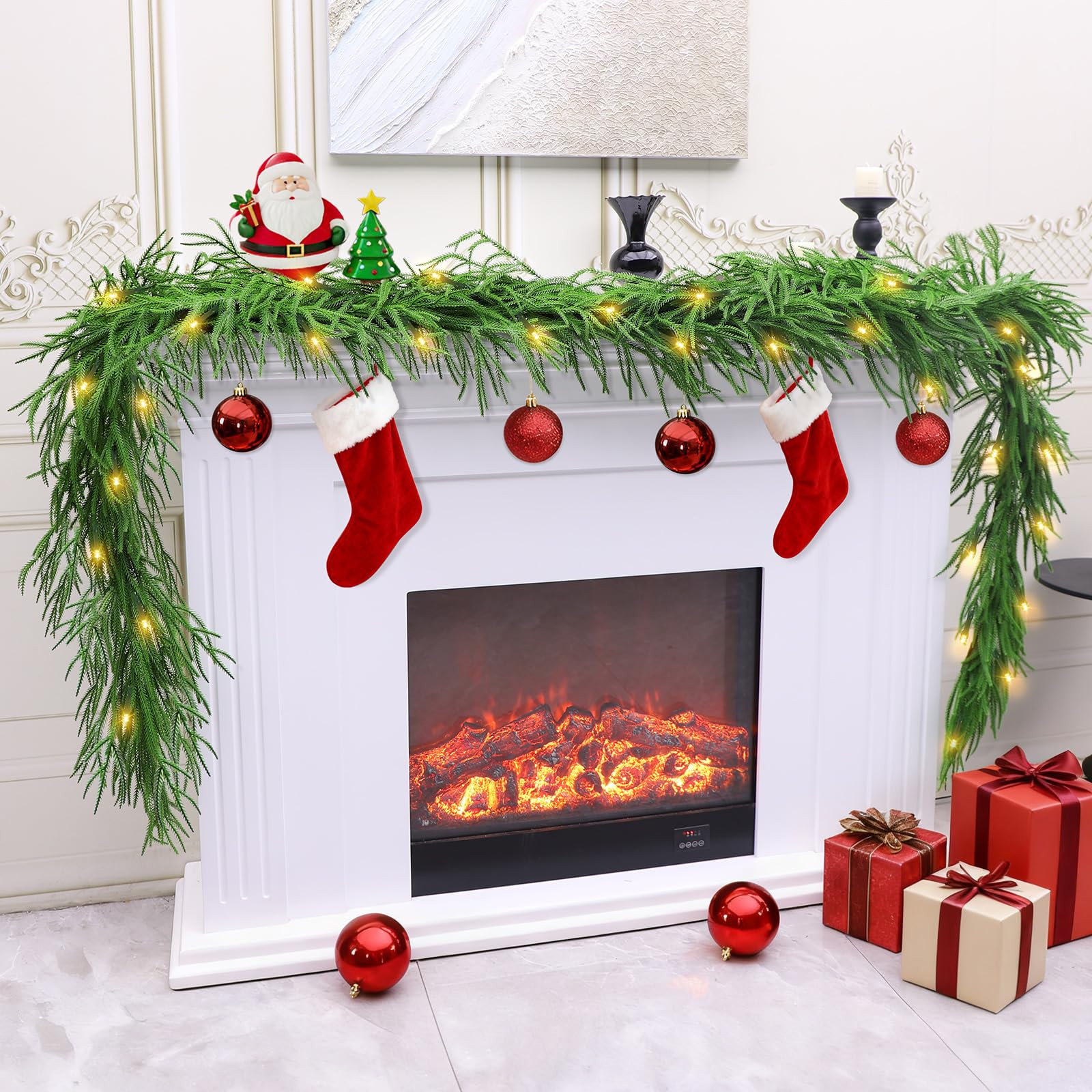 9FT Christmas Garland with LED String Lights, Norfolk Pine Garlands, Real Touch, Artificial Green... | Amazon (US)