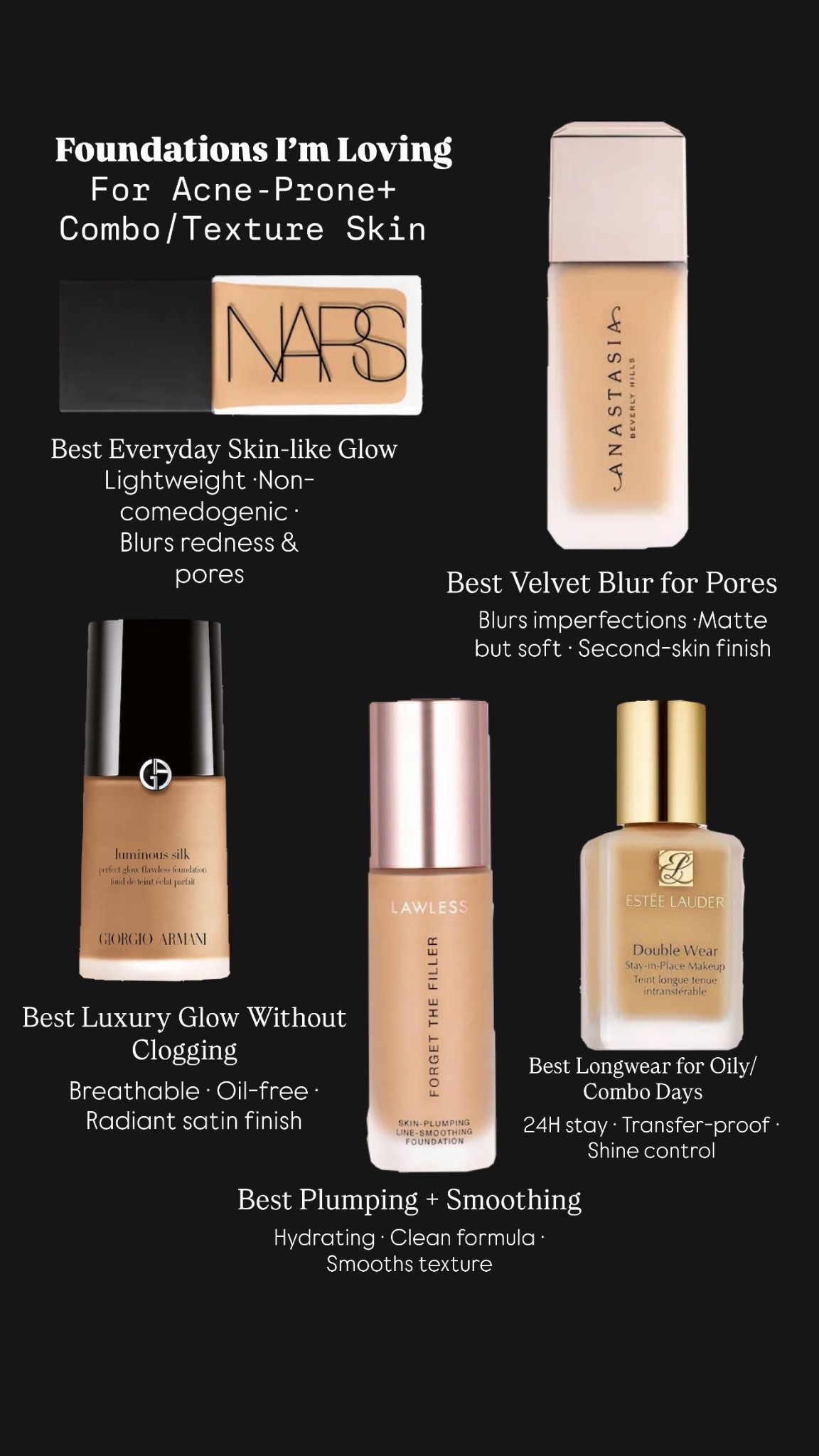 Finding the right foundation when you have acne-prone + combo/texture skin can feel impossible… but these 5 never let me down 🤍