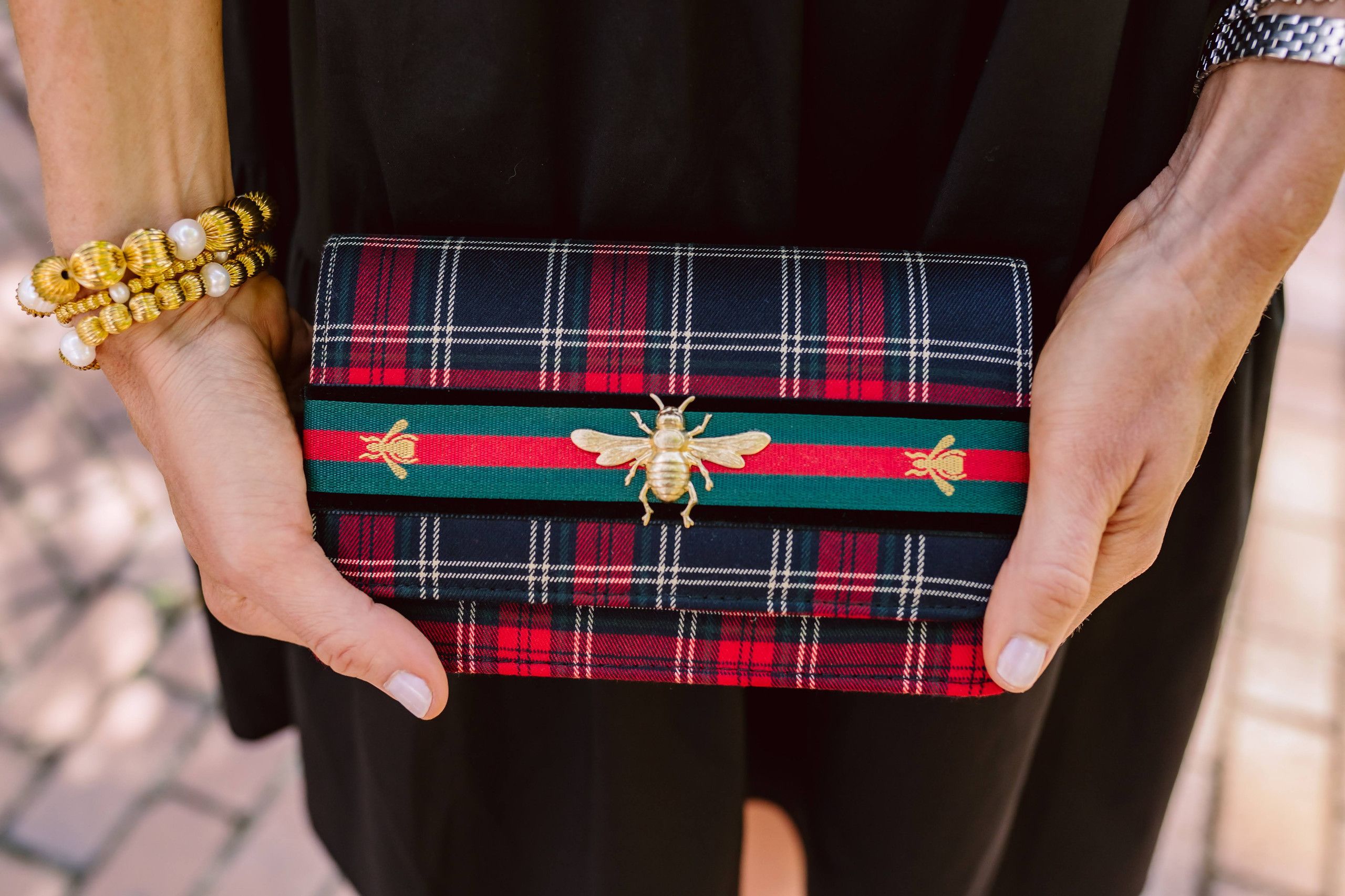 Ruby Red Plaid Clutch - Bee Stripe with Gold Bee Charm | Lisi Lerch Inc