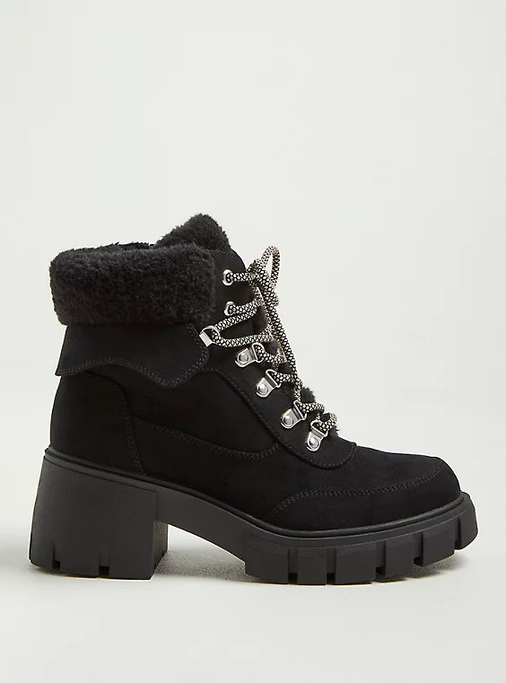 Shearling Laceup Chunky Bootie - Black (WW) | Torrid (US & Canada)