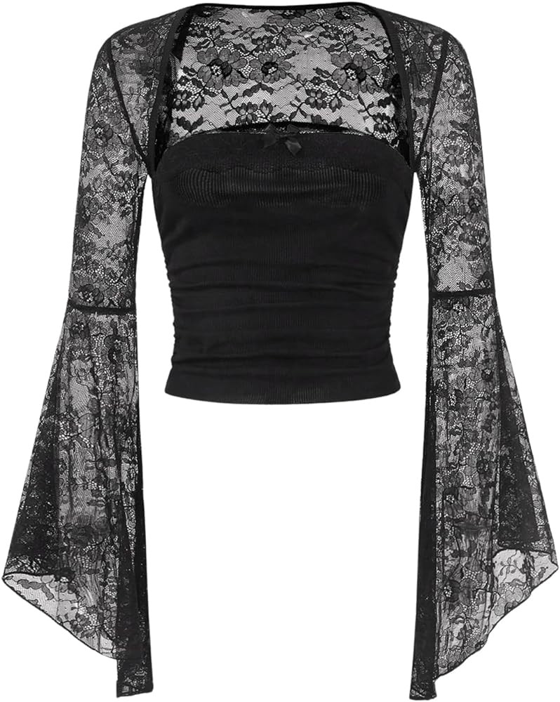 Verdusa Women's Y2K Bell Sleeve Square Neck Ruched Blouse Goth Lace Tops | Amazon (US)