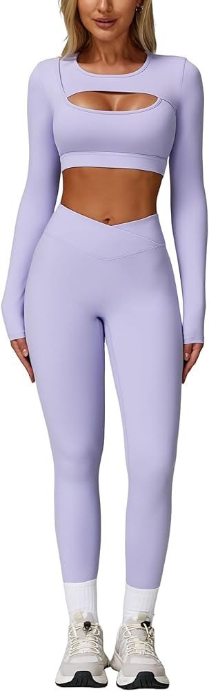 ABEHIK Workout Sets for Women 2 Piece Long Sleeve Seamless Cutout Crop Tops High Waist Leggings Y... | Amazon (CA)